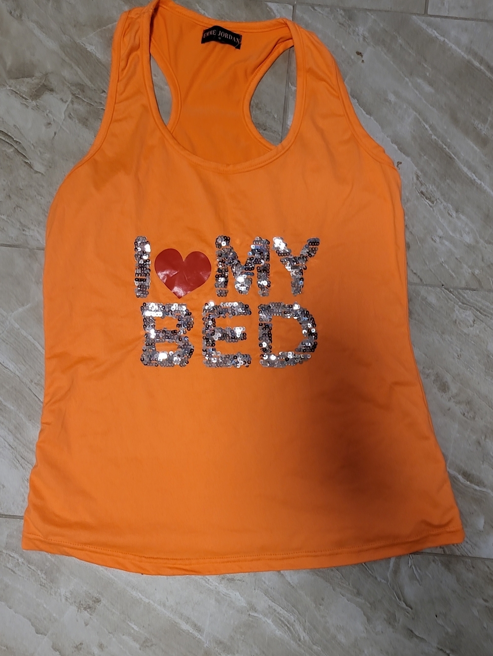 5 For $25 Jordan Orange Racerback Sequin 'I ♥ MY BED' Tank